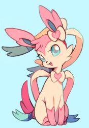 all_fours blue_background blue_eyes blush extyrannomon head_tilt looking_at_viewer open_mouth pink_fur ribbon ribbon_tail smile solo sylveon tail tooth two-tone_fur white_fur 