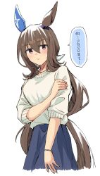  1girl absurdres admire_vega_(umamusume) alternate_costume animal_ears blue_skirt bow bracelet brown_hair colored_speech_bubble commentary_request ear_covers ear_ornament fingernails hair_bow hand_on_own_arm highres hitode_(ziburi) horse_ears horse_girl horse_tail jewelry long_hair looking_at_viewer low_ponytail necklace ponytail shirt single_ear_cover skirt solo speech_bubble sweatdrop tail three-quarter_sleeves umamusume violet_eyes white_background white_bow white_shirt 