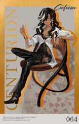  1girl black_hair black_shoes black_unitard border bracelet card centurion_(reverse:1999) chair character_name character_signature coin commentary crossed_legs dark-skinned_female dark_skin drop_shadow earrings english_text fragrance_(freakyduck9000) full_body grey_background hair_over_one_eye hand_up highres jewelry long_hair looking_at_viewer multicolored_hair on_chair one_eye_covered playing_card reverse:1999 shirt shoes sitting six_of_hearts smile solo streaked_hair ten_of_hearts tossing white_hair white_shirt yellow_border yellow_eyes 