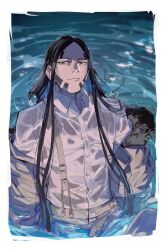  1boy black_eyes black_hair facial_hair fur-trimmed_jacket fur_trim golden_kamuy highres itobi24 jacket long_hair long_sleeves looking_at_viewer male_focus oosawa_fusatarou partially_submerged shirt solo suspenders water wet wet_clothes wet_hair wet_shirt white_shirt 