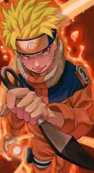  1boy absurdres aura blonde_hair commentary_request facial_mark fangs fangs_out headband highres holding holding_kunai holding_weapon jacket konohagakure_symbol kunai kurahashi_yuuto looking_at_viewer male_focus naruto_(classic) naruto_(series) ninja orange_eyes orange_jacket orange_pants pants short_hair slit_pupils solo spiky_hair tongue tongue_out uzumaki_naruto v-shaped_eyebrows weapon whisker_markings 