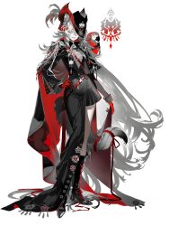  1girl absurdres alternate_costume alternate_hair_length_(longer) animal_ears arknights asymmetrical_dress bicorne bird boots cape chinese_commentary commentary_request dress full_body gloves hand_on_own_hip hat hat_feather hat_over_one_eye high_heel_boots high_heels highres knee_boots lappland_(arknights) limited_palette long_hair long_sleeves looking_at_viewer one_eye_covered parrot parted_lips red_gloves ribbon simple_background smile solo standing tail tail_ornament tail_ribbon tassel venir very_long_hair white_background wolf_ears wolf_girl wolf_tail 