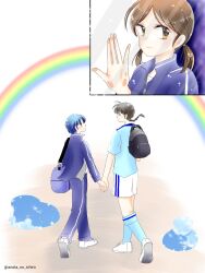  1boy 2girls anata_no_ichiro backpack bag black_bag black_hair blue_bag blue_hair blue_shirt blue_socks braid brown_eyes brown_hair closed_mouth commentary_request fanfiction_available hetero highres holding_hands low_twintails multiple_girls puddle rainbow ranma_1/2 saotome_ranma saotome_ranma_(male) shirt short_hair short_twintails shorts single_braid smile socks tendou_akane twintails white_shorts 