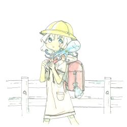  1girl animal animal_on_shoulder backpack bag blue_eyes dress fence hat highres hood hood_down hooded_dress looking_at_animal non-web_source octopus painting_(medium) pocket pouch randoseru school_bag short_hair short_sleeves smile solo traditional_media tsukumizu watercolor_(medium) white_background white_dress white_hair yellow_hat 