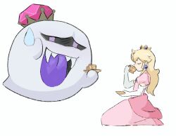  1girl 2909kjk blonde_hair card colored_tongue crown earrings elbow_gloves fangs gloves highres holding holding_card jewelry king_boo kneeling long_hair luigi's_mansion peach_hat_ornament princess_peach puffy_short_sleeves puffy_sleeves purple_tongue short_sleeves simple_background sphere_earrings super_mario_bros. sweatdrop upper_body white_background white_gloves 