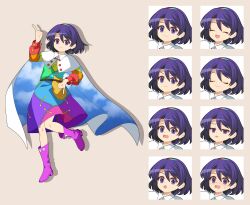  >:( 1girl 4rion :d :o absurdres angry annoyed arm_up bag belt blush boots bow brown_background brown_bag brown_belt cape closed_eyes cloud_print commentary_request dot_nose dress drop_shadow embarrassed frown full_body hair_between_eyes hairband happy highres jitome long_sleeves looking_at_viewer multicolored_dress multicolored_hairband multiple_expressions nose_blush open_mouth patchwork_clothes pink_boots pointing pointing_down pointing_up purple_hair rainbow_gradient rainbow_hairband raised_inner_eyebrows sad short_hair sky_print smile standing standing_on_one_leg sweatdrop tearing_up tenkyuu_chimata touhou two-sided_cape two-sided_fabric v-shaped_eyebrows violet_eyes white_bow white_cape zipper zipper_pull_tab 