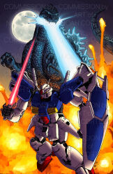  battle beam_rifle claws crossover dendrobium_schema destruction energy_gun giant giant_monster glowing glowing_mouth godzilla godzilla_(series) green_eyes greyscale gun gundam gundam_0083 gundam_gp-01_zephyranthes highres holding holding_weapon jaw kaiju mecha mobile_suit monochrome monster mouth_beam no_humans open_mouth robot roundel science_fiction sharp_teeth shield spines tail teeth v-fin very_long_tail weapon zetroczilla 