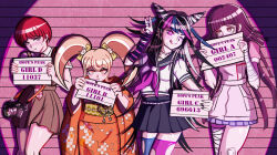  +_+ 4girls :t ;q apron asymmetrical_legwear bandaged_arm bandaged_leg bandages bandaid bandaid_on_knee bandaid_on_leg black_hair black_nails black_sailor_collar black_shirt blonde_hair blue_eyes blue_hair blue_skirt blue_streaks blush blush_stickers bow camera closed_mouth collared_shirt commentary commission covering_own_mouth danganronpa_(series) danganronpa_2:_goodbye_despair dress ear_piercing elbow_gloves english_commentary english_text eyelashes face_piercing fingerless_gloves fingernails floral_print floral_print_kimono freckles gloves green_bow green_sash grey_eyes hair_bow hair_horns holding holding_sign japanese_clothes jewelry kimono koizumi_mahiru lilian_duleroux lineup long_hair mioda_ibuki mismatched_legwear mismatched_thighhighs mouth_piercing mugshot multicolored_gloves multicolored_hair multiple_girls multiple_rings nail_polish neckerchief necktie nose_blush obi one_eye_closed orange_eyes orange_kimono piercing pinafore_dress pink_eyes pink_hair pink_neckerchief pink_streaks plaid_clothes plaid_necktie print_kimono purple_hair red_hair ring ripping sailor_collar saionji_hiyoko sash school_uniform serafuku shirt short_hair short_sleeves sign single_elbow_glove single_fingerless_glove skirt sleeveless sleeveless_dress smile spoilers streaked_hair striped_clothes sweatdrop thigh-highs tongue tongue_out torn_clothes torn_thighhighs tsumiki_mikan twintails two-tone_gloves v v-shaped_eyebrows very_long_hair very_short_hair violet_eyes wavy_mouth white_apron white_hair white_shirt 
