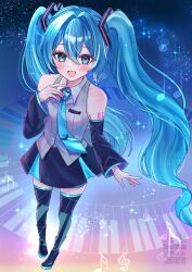  1girl absurdres aqua_eyes aqua_hair aqua_necktie aqua_trim black_boots black_skirt black_sleeves blush boots collar detached_sleeves full_body grey_shirt hair_between_eyes hair_intakes hair_ornament hands_on_own_chest hatsune_miku hatsune_miku_(vocaloid6) heart heart_hair_ornament highres long_hair looking_at_viewer musical_note necktie number_tattoo piano_keys sakanoi_noa shirt shoulder_tattoo skirt sleeveless sleeveless_shirt smile solo star_(sky) tattoo thigh-highs twintails two-tone_skirt very_long_hair vocaloid white_collar wing_collar zettai_ryouiki 