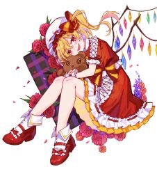  1girl absurdres arched_back ascot bent_back blonde_hair bow collared_dress commentary_request cross-laced_clothes cross-laced_dress dress fang fingernails flandre_scarlet flower footwear_bow frilled_dress frilled_sleeves frilled_wrist_cuffs frills full_body hair_bow hat highres holding holding_stuffed_toy hugging_object knees_together_feet_apart long_hair looking_at_viewer lying mary_janes medium_dress mob_cap nail_polish on_side one_side_up parted_lips petals petticoat pointy_ears puffy_short_sleeves puffy_sleeves purple_flower red_bow red_dress red_eyes red_flower red_nails red_petals red_shoes red_wrist_cuffs ribbon-trimmed_dress ribbon_trim shoes short_sleeves simple_background skin_fang sleeve_bow smile socks solo stuffed_animal stuffed_toy teddy_bear touhou white_background white_hat white_socks wrist_cuffs yellow_ascot yutsuko 