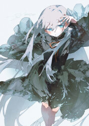  1girl black_sailor_collar black_shirt black_skirt blue_eyes blush bow bowtie commentary_request cowboy_shot grey_hair highres long_hair original potg_(piotegu) red_bow red_bowtie red_ribbon ribbon sailor_collar see-through_clothes see-through_sleeves shirt signature skirt white_hair wind wind_lift 