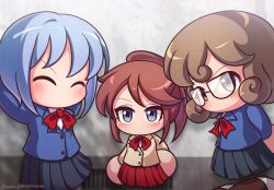  3girls aqua_eyes blazer blue_eyes blue_hair blue_jacket blue_skirt bow bowtie brown_hair brown_jacket closed_eyes commentary_request curly_hair glasses hamano_akari high_ponytail highres jacket jikkyou_powerful_pro_yakyuu jikkyou_powerful_pro_yakyuu_(style) multiple_girls no_mouth ooe_kazuna parmesan_(zan_parmesanne) pleated_skirt ponytail power_pro-kun_pocket power_pro-kun_pocket_10 rayman_limbs red_bow red_bowtie red_skirt school_uniform shinjou_shian shirt short_hair skirt smile twitter_username white_shirt 