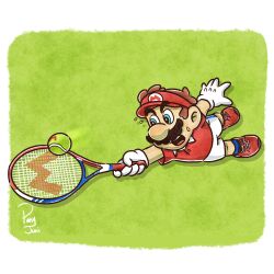  1boy ball blue_eyes border brown_hair facial_hair gloves green_background hat highres holding holding_tennis_racket junithepuny mario mario_(modern_tennis) mario_tennis mario_tennis_fever mustache official_alternate_costume open_mouth outside_border racket red_hat red_shirt red_shorts shirt short_hair short_sleeves shorts signature solo super_mario_bros. sweat teeth tennis_ball tennis_racket upper_teeth_only visor_cap white_border white_gloves white_shorts 