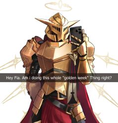  1boy absurdres arknights armor breastplate commentary cowboy_shot detached_wings energy_wings english_commentary gold_armor golden_week halo helmet highres holding holding_phone male_focus ofallx parody pauldrons phone sankta_miksaparato_(arknights) shoulder_armor simple_background snapchat solo white_background wings 