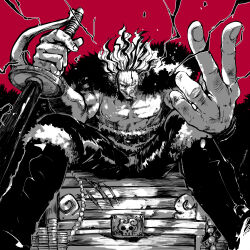  1boy absurdres beard belt black_hair black_pants boots coat coin commentary earrings english_commentary facial_hair fur_coat haki_(one_piece) highres holding holding_sword holding_weapon illustica_phantom jewelry jolly_roger looking_at_viewer male_focus medium_hair multicolored_hair nipples one_piece open_mouth pants pectorals planted planted_sword red_background rocks_d._xebec scar scar_across_eye scar_on_face scar_on_forehead sitting smile solo sword teeth tongue tongue_out weapon white_hair 