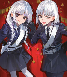  1boy 1girl belt black_eyes black_gloves black_jacket black_skirt blush braid breasts buttons collared_shirt colored_inner_hair commentary_request double-breasted elbow_gloves fate/grand_order fate_(series) francesca_prelati_(fate) francesca_prelati_(second_ascension)_(fate) francois_prelati_(fate) francois_prelati_(second_ascension)_(fate) gloves grey_hair highres jacket licking_lips long_hair long_sleeves looking_at_viewer medium_breasts multicolored_hair necktie open_mouth pantyhose parted_bangs poppoman ringed_eyes shirt short_hair skirt smile thighs tongue tongue_out twin_braids white_hair white_pantyhose white_shirt 