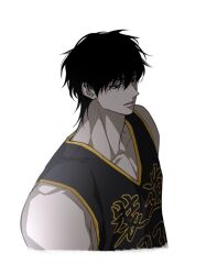  1boy basketball_uniform black_eyes black_hair black_jersey choi_jongsu garbage_time gold_trim highres iiiyyyeee jersey looking_to_the_side male_focus messy_hair muscular pectoral_cleavage pectorals profile simple_background solo sportswear upper_body wavy_hair white_background 