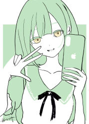  1girl bang_dream! bang_dream!_it's_mygo!!!!! cellphone chinese_commentary commentary_request green_hair highres holding holding_phone long_hair open_mouth phone selfie shirt short_sleeves smartphone solo upper_body w wakaba_mutsumi white_shirt yellow_eyes zhangji318969 