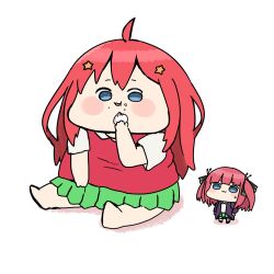  2girls ahoge akino_ell barefoot black_ribbon black_shoes chibi collared_shirt commentary_request go-toubun_no_hanayome green_skirt hair_ornament hair_ribbon jacket long_hair multiple_girls nakano_itsuki nakano_nino open_clothes open_jacket pleated_skirt purple_hair purple_jacket ribbon shadow shirt shoes short_sleeves skirt socks standing star_(symbol) star_hair_ornament sweater_vest two_side_up very_long_hair white_background white_shirt white_socks 