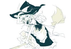  1girl absurdres apron arm_up black_skirt black_vest bow braid broom broom_riding fialentul hair_bow hat hat_bow hat_ribbon highres holding_down_headwear kirisame_marisa long_hair looking_at_viewer puffy_short_sleeves puffy_sleeves ribbon shirt short_sleeves single_braided_sidelock skirt sleeve_ribbon solo touhou vest waist_apron white_background witch_hat 