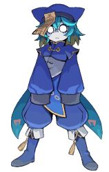  1girl aqua_hair bad_id bad_twitter_id blank_eyes blue_boots blush_stickers boots chinese_clothes dot_nose frown full_body green_hair hat inactive_account jaggy_lines jiangshi legs_apart medium_hair multicolored_hair ofuda original pale_skin puffy_pants scatterbralns simple_background sleeves_past_fingers sleeves_past_wrists solo standing tassel white_background 