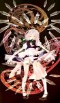 1girl bad_id braid highres izayoi_sakuya knife magic_circle maid maid_headdress outstretched_arms pocket_watch red_eyes solo the_embodiment_of_scarlet_devil throwing_knife touhou twin_braids watch weapon white_hair 