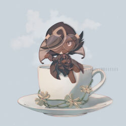  1boy androgynous barefoot black_cape black_coat black_hair blue_background brown-framed_eyewear brown_hair brown_streaks cape closed_mouth coat commentary cookie_run cookie_run:_kingdom crossed_legs cup dark-skinned_male dark_skin english_commentary espresso_cookie eye_contact flipped_hair flower full_body glasses hair_over_one_eye hand_up highres jiume_(a89959341) long_sleeves looking_at_another looking_at_viewer male_focus multicolored_hair no_nose no_sclera oversized_object pink_eyes plate round_eyewear simple_background sitting sitting_on_object slit_pupils smile solo steam streaked_hair teacup twitter_username two-tone_hair yellow_flower 
