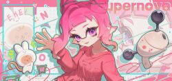  1girl character_request chu_u0spl copyright_request english_text fang hair_horns hair_ornament highres inkling inkling_girl inkling_player_character long_hair looking_at_viewer luna_blaster_(splatoon) open_mouth pink_hair pointy_ears print_sweater red_sweater smile solo splat_bomb_(splatoon) splatoon_(series) splatoon_3 sweater tentacle_hair violet_eyes waving weapon weapon_name x_hair_ornament zoom_layer 