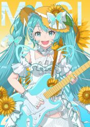  1girl absurdres commentary_request dress flower green_hair guitar hat hatsune_miku highres holding holding_guitar holding_instrument instrument magical_mirai_miku magical_mirai_miku_(2026) playing_instrument qgkmn541 smile solo straw_hat sunflower twintails vocaloid white_dress 