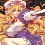  blonde_hair breasts elbow_gloves eyebrows eyes fan folding_fan foreshortening gloves hat highres large_breasts legs long_hair smile smirk solo symbol-shaped_pupils text_in_eyes thick_eyebrows thighs touhou translated tro very_long_hair white_gloves yakumo_yukari yellow_eyes 