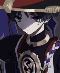  1boy black_bodysuit black_hair black_hat black_kimono black_sleeves blunt_ends bodysuit choppy_bangs closed_mouth commentary_request covered_collarbone eyeliner genshin_impact gold gold_trim grey_veil hat highres japanese_clothes jewelry jingasa juban kimono layered_sleeves light_smile looking_at_viewer makeup male_focus mandarin_collar mitsudomoe_(shape) neck_ring okuraa_13 open_clothes open_kimono portrait purple_background purple_rope red_eyeliner red_hat red_kimono rope scaramouche_(genshin_impact) shimenawa single_sode solo tomoe_(symbol) tsurime two-tone_hat veil violet_eyes white_kimono white_rope white_trim 