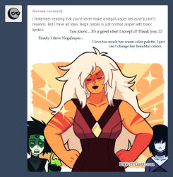  3girls alternate_costume black_lapis_lazuli_(dav-19) black_lips black_peridot_(dav-19) closed_eyes closed_mouth colored_skin dav-19 gem_(steven_universe) homeworld_gem_uniform jasper_(steven_universe) lapis_lazuli_(steven_universe) long_hair multiple_girls muscular muscular_female open_mouth orange_skin peridot_(steven_universe) sparkle steven_universe striped_skin 