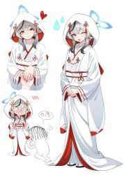  1boy 1girl absurdres alternate_costume animal_ears black_hair blue_archive cawl chinchilla_ears chinchilla_girl closed_mouth doodle_sensei_(blue_archive) dress english_commentary eyeshadow gradient_hair grey_hair halo highres japanese_clothes jewelry kimono kokona_(blue_archive) lipstick looking_at_viewer makeup multicolored_hair multiple_views obi obiage obijime one_eye_closed open_mouth red_eyeshadow red_lips red_nails red_trim ring sandals sash sensei_(blue_archive) simple_background smile standing tabi two-tone_kimono uchikake wedding_dress wedding_ring white_background white_kimono yellow_eyes zouri 