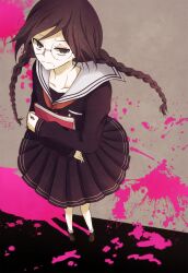  1girl blood blood_splatter book braid breast_pocket brown_hair brown_shoes closed_mouth collarbone collared_shirt danganronpa:_trigger_happy_havoc danganronpa_(series) fukawa_toko full_body glasses grey_background holding holding_book k2ha1f long_hair long_sleeves mole mole_under_mouth neckerchief pink_blood pocket purple_serafuku purple_shirt purple_skirt red_neckerchief round_eyewear sailor_collar school_uniform serafuku shirt shoes skirt skirt_set socks solo standing third-party_source twin_braids twintails violet_eyes white_sailor_collar white_socks 