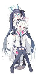  2girls :d absurdres aqua_halo aris_(armed)_(blue_archive) aris_(blue_archive) bar_stool bare_shoulders behind_another black_gloves black_hair black_shoes black_thighhighs blue_archive blue_eyes blue_necktie blush collared_shirt commentary elbow_gloves gloves hair_between_eyes hair_ornament hairband halo hands_on_another's_face highres jacket kei_(blue_archive) kei_(new_body)_(blue_archive) knees_together_feet_apart long_hair long_hair_between_eyes looking_at_viewer multiple_girls necktie official_alternate_costume on_stool open_clothes open_jacket peanut_mouth pink_halo pleated_skirt raised_eyebrows red_eyes revision shirt shoes simple_background sitting skirt sleeves_past_wrists small_sweatdrop smile stool supersugar teeth thigh-highs twintails two-sided_gloves untranslatable_commentary upper_teeth_only v-shaped_eyebrows very_long_hair white_background white_gloves white_hair white_jacket white_shirt 