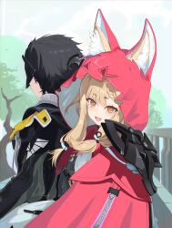  1boy 1girl absurdres animal_ear_fluff animal_ears arknights arknights:_endfield black_coat black_hair black_mask blonde_hair cloak coat commentary dress ears_through_hood endministrator_(arknights) english_commentary fang highres hood hood_up hooded_cloak looking_at_viewer male_endministrator_(arknights) mask open_mouth outdoors red_cloak rossi_(arknights) skin_fang subu_art tree white_dress wolf_ears wolf_girl yellow_eyes 