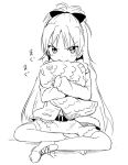  biting blush food gochou_(comedia80) indian_style mahou_shoujo_madoka_magica monochrome mouth_hold oversized_object sakura_kyouko sitting sketch solo taiyaki wagashi 