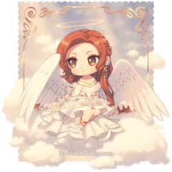  1girl angel angel_wings border borrowed_character braid chibi chibi_only clouds commentary commission dav-19 dress ear_cuffs english_commentary flower frilled_dress frills half_up_braid halo long_hair on_cloud orange_eyes orange_hair original rose sitting sky smile solo transparent_background very_long_hair web_address white_dress white_flower white_rose white_wings wings 