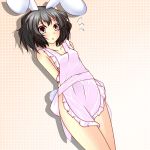  animal_ears apron arms_behind_back bad_id bare_shoulders black_hair blush breasts brown_eyes bunny_ears bunny_tail cleavage grey_hair inaba_tewi miduki_yae mizuki_yae naked_apron red_eyes short_hair simple_background solo standing tail touhou 