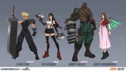  1boy 3girls aerith_gainsborough aerith_gainsborough_(cosplay) anran_(overwatch) arm_cannon armor artist_name barret_wallace barret_wallace_(cosplay) beard black_gloves black_hair black_pants blonde_hair braid braided_ponytail breasts breikka brown_hair brown_vest buster_sword character_name cloud_strife cloud_strife_(cosplay) copyright_logo copyright_name cosplay cropped_jacket crossdressing crossdressing_(ftm) dark-skinned_male dark_skin dog_tags doomfist_(overwatch) dress elbow_gloves elbow_pads english_commentary english_text facial_hair final_fantasy final_fantasy_vii fingerless_gloves full_body gloves green_pants grey_background hair_ribbon hand_fan highres holding holding_fan holding_sword holding_weapon jacket lifestream logo long_hair low-tied_long_hair mechanical_wings mercy_(overwatch) multiple_girls overwatch pants parted_bangs pauldrons pink_dress pink_ribbon prosthetic_weapon red_jacket red_shoes ribbon shoes short_hair shoulder_armor simple_background single_arm_guard single_elbow_pad single_pauldron skirt sleeveless sleeveless_turtleneck spiky_hair standing suspender_skirt suspenders sword tank_top tifa_lockhart tifa_lockhart_(cosplay) turtleneck vendetta_(overwatch) vest war_fan weapon white_tank_top wings 
