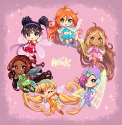  6+girls absurdly_long_hair ahoge aisha_(winx_club) black_eyes black_hair blonde_hair bloom_(winx_club) blue_eyes blue_shirt blue_skirt bodysuit brown_hair chibi chibi_only commentary copyright_logo copyright_name crown cyber_fashion dark-skinned_female dark_skin dav-19 dress everyone fairy fairy_wings flora_(winx_club) green_dress green_eyes hair_over_one_eye hairband headphones logo long_hair low_twintails magical_girl midriff multiple_girls musa_(winx_club) one_eye_closed orange_dress orange_eyes orange_hair pink_background pink_dress pink_hair purple_bodysuit red_dress shirt short_hair short_twintails skirt sparkle stella_(winx_club) tecna_(winx_club) twintails very_dark_skin very_long_hair watermark wavy_hair web_address wings winx_club 