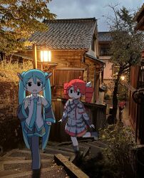  2girls :d absurdres ahoge aqua_hair aqua_necktie aqua_trim architecture auhuheben17 black_boots black_eyes black_skirt black_sleeves blush boots bow bush buttons collared_shirt detached_sleeves double-breasted drill_hair east_asian_architecture grey_jacket grey_skirt hair_bow hair_ornament hand_up hatsune_miku highres jacket kasane_teto kasane_teto_(sv) lamppost leaf long_hair looking_at_viewer multiple_girls necktie on_stairs outdoors people pleated_skirt red_hair red_trim retaining_wall shirt shoulder_belt shoulder_boards skirt sky sleeveless sleeveless_shirt smile stairs striped_clothes striped_jacket striped_skirt synthesizer_v thigh_boots tile_roof town tree twin_drills twintails utau very_long_hair vocaloid walking white_bow white_shirt 