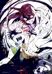  1girl attack bow clenched_teeth commentary danganronpa:_trigger_happy_havoc danganronpa_(series) facial_hair fang goatee hair_ornament hairclip holding holding_weapon jacket kuwata_leon long_hair maizono_sayaka mitsumame0810 open_clothes open_jacket open_mouth scared short_hair splatter spoilers sweat teeth third-party_source upper_teeth_only weapon 