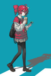  14mango 1girl ahoge alternate_costume backpack bag black_pantyhose blue_background bow cellphone chinese_commentary collared_shirt commentary_request cup disposable_cup drill_hair drink drinking drinking_straw drinking_straw_in_mouth full_body glasses grey_skirt hair_bow highres holding holding_cup holding_drink holding_phone kasane_teto layered_sleeves loafers long_sleeves looking_at_viewer pantyhose phone pleated_skirt red_eyes red_hair shadow shirt shoes short_hair simple_background skirt smartphone solo standing twin_drills vocaloid walking white_bow white_shirt 