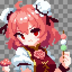  1girl breasts bun_cover commentary_request cuffs dango double_bun flower food hair_bun highres ibaraki_kasen looking_at_viewer medium_breasts pink_eyes pink_hair pixel_art red_eyes rose short_hair short_sleeves solo tabard takeez3 touhou wagashi 