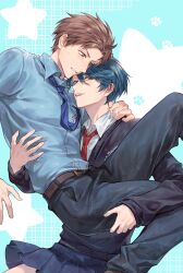  1boy 1girl androgynous arms_around_neck artist_name belt black_pants black_sweater blue_eyes blue_necktie blue_shirt blue_skirt brown_eyes brown_hair carrying carrying_person chinese_commentary collared_shirt commentary_request dated gekkan_shoujo_nozaki-kun heads_together highres hori_masayuki kashima_yuu miniskirt necktie pants parted_lips paw_print princess_carry red_necktie rouman_academy_school_uniform school_uniform shirt short_hair skirt small_sweatdrop star_(symbol) sweater white_shirt xuchuan 