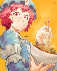  1girl absurdres alternate_hairstyle bowl breasts chopsticks eating food from_side hfsean2 highres holding holding_bowl holding_chopsticks looking_at_viewer noodles pink_eyes pink_hair saigyouji_yuyuko short_hair solo touhou triangular_headpiece yakisoba yellow_background 