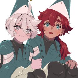  2girls blue_hat blue_tunic cocoholo2 commentary english_commentary grey_eyes grey_hair gundam gundam_suisei_no_majo hand_on_another's_arm hat long_hair miorine_rembran multiple_girls open_mouth qifrey's_atelier_apprentice_uniform red_hair short_hair simple_background smile suletta_mercury thick_eyebrows tongari_boushi_no_atelier tunic white_background wizard_hat 