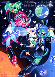  abduction absurdres alien alien_miku_(zambiie) alternate_species antennae blue_hair brooch colored_skin cow deformed earth_(planet) flying_saucer grey_skin hatsune_miku highres jewelry kasane_teto moon pink_hair planet space spacecraft star_brooch talentlesshuman tractor_beam ufo ufo_hair_ornament utau vocaloid 