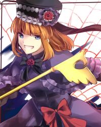  1girl anri_mike black_bow black_gloves black_hat blue_eyes blunt_bangs border bow capelet commentary_request dress dress_bow elbow_gloves eva_beatrice flower gloves hat hat_flower holding holding_staff looking_at_viewer open_mouth orange_hair purple_capelet purple_dress red_bow red_flower red_rose rose silk smile spider_web staff umineko_no_naku_koro_ni white_background 